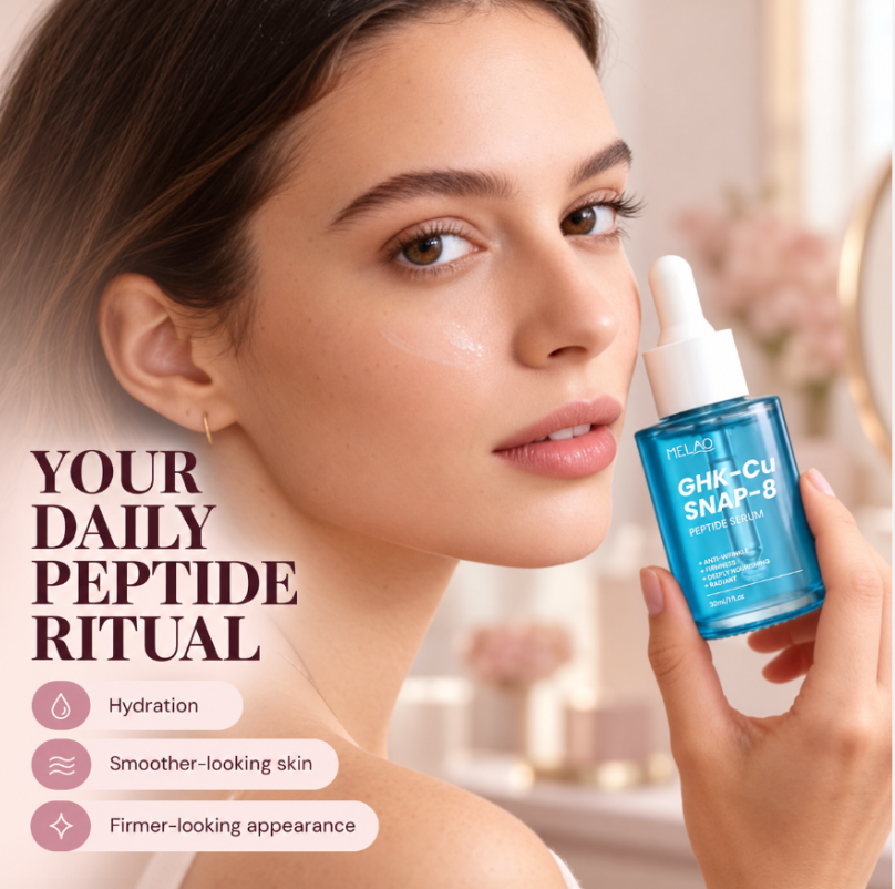 Woman holding GHK-Cu + SNAP-8 peptide serum bottle, daily hydration and smoother-looking skin ritual