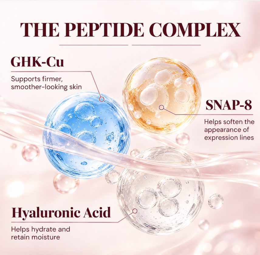 Peptide complex ingredients — GHK-Cu, SNAP-8, hyaluronic acid