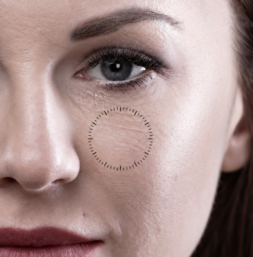 Close-up of a woman's face highlighting wrinkles around her eye, with a circular measurement graphic overlaid on her cheek to illustrate skin fold reduction.