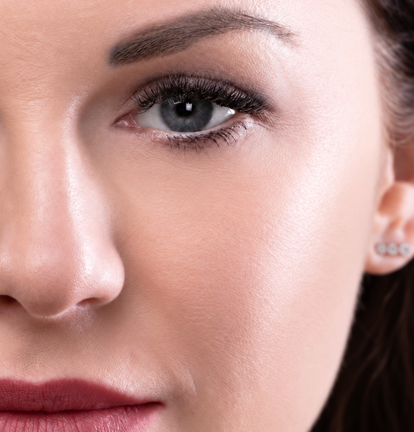 Close-up of a woman's face showing smooth skin with no fine lines